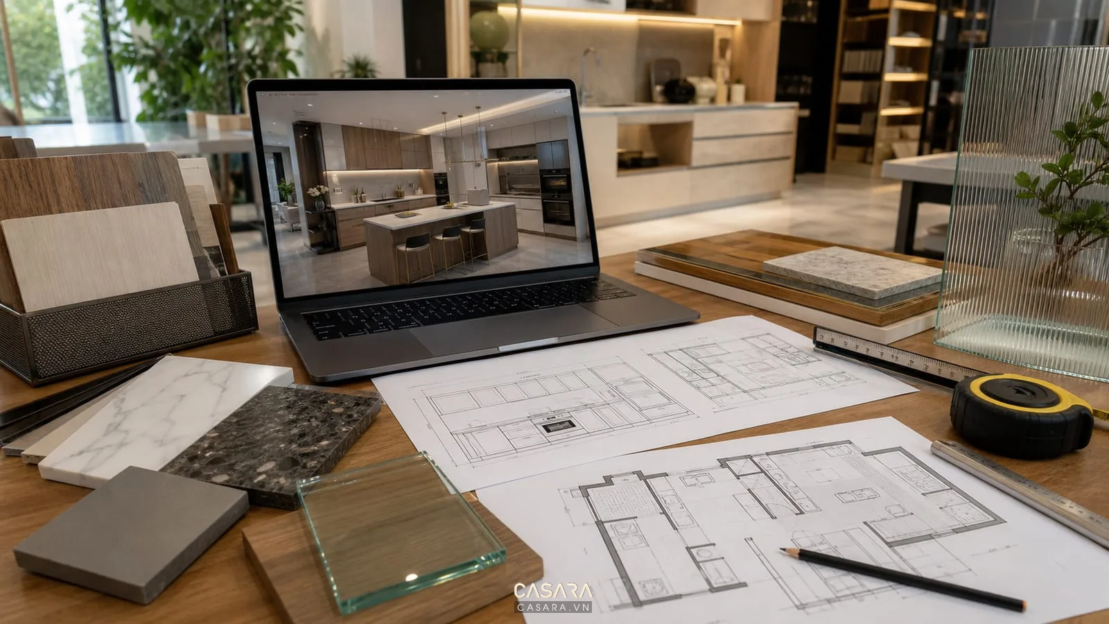 Hồ sơ thiết kế bếp chung cư hiện đại với bản vẽ kỹ thuật phối cảnh và mẫu vật liệu