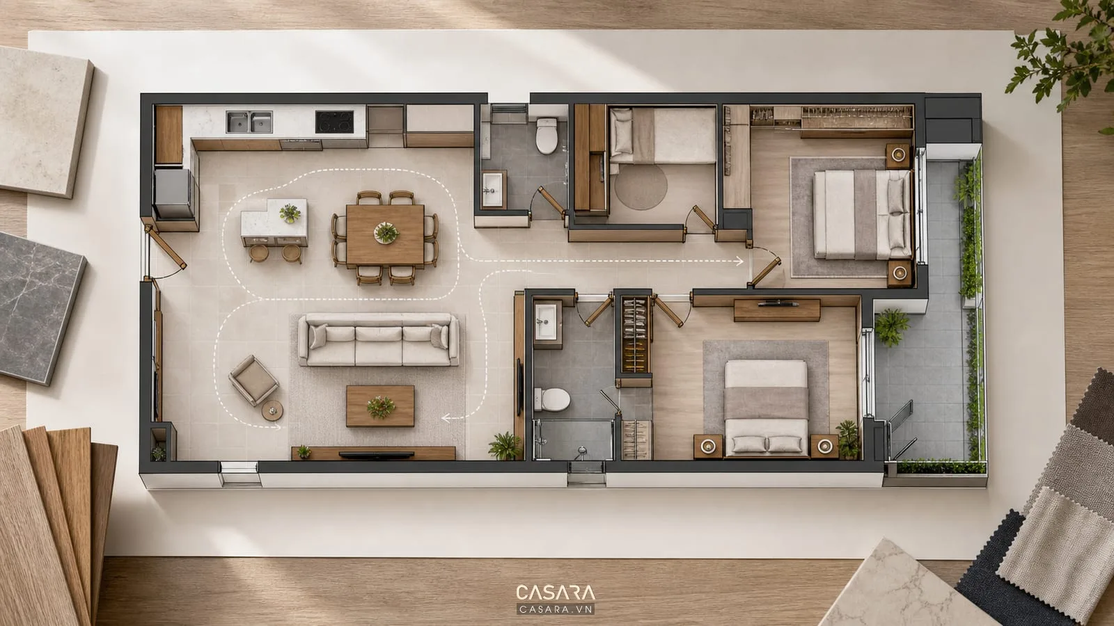 Bản vẽ thiết kế căn hộ chung cư hình chữ nhật có lối đi rõ và bố trí nội thất gọn