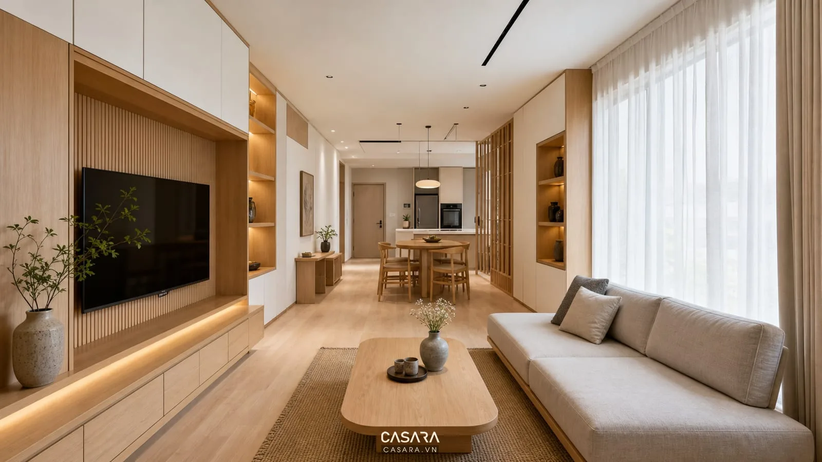 Thiết kế nội thất chung cư kiểu Nhật trong căn hộ hình chữ nhật với gỗ sáng và sofa thấp