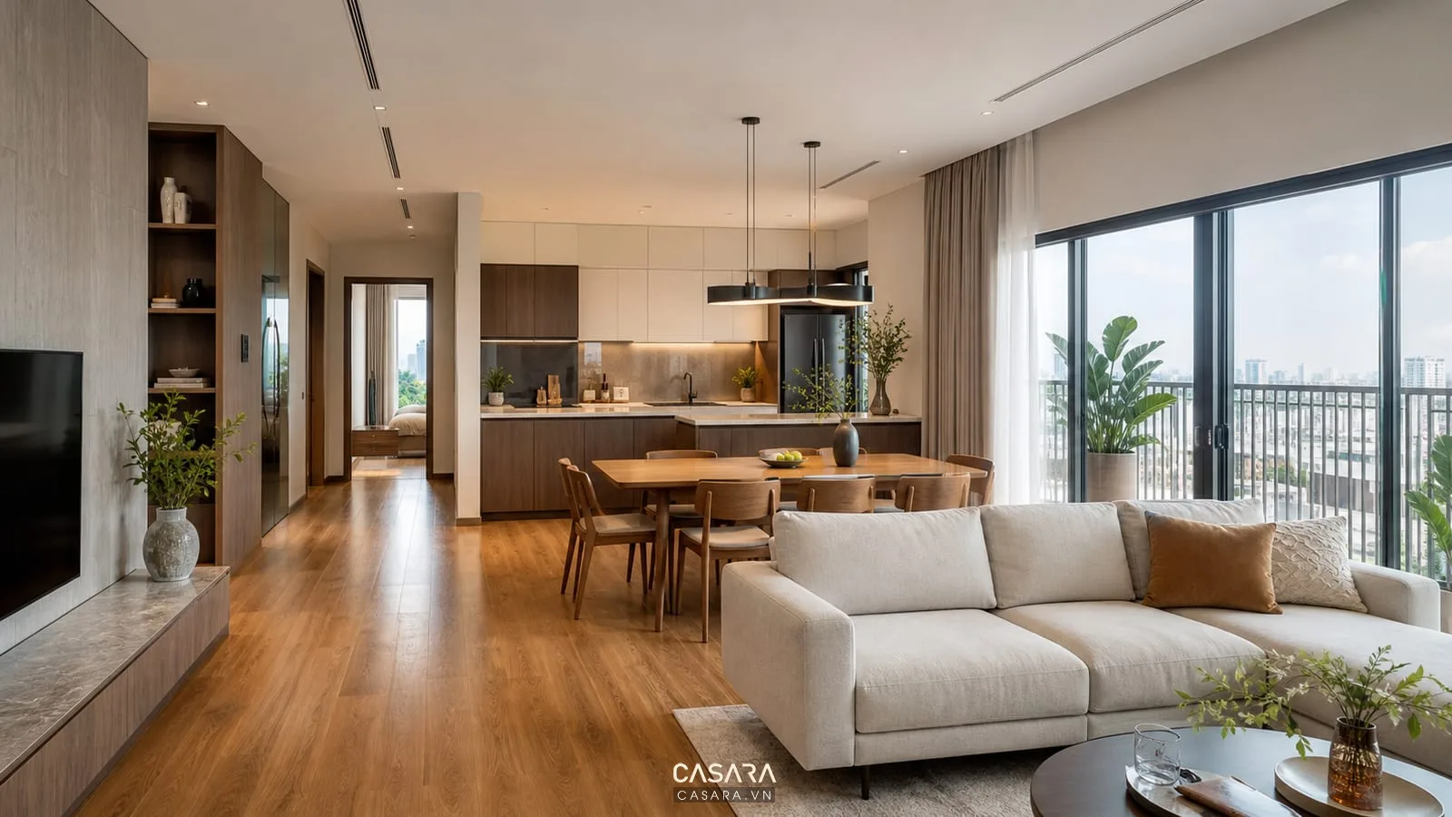 thiết kế căn hộ 100m2 2 phòng ngủ có phòng khách liên thông bếp hiện đại