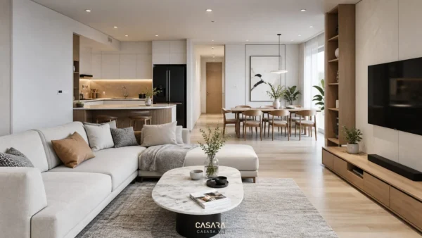 Thiết kế căn hộ 100m2 3 phòng ngủ với phòng khách sofa sáng màu bếp mở và bàn ăn gia đình