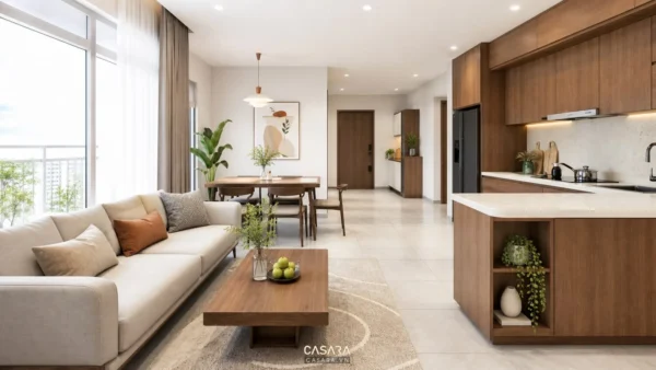 Thiết kế căn hộ 2 phòng ngủ 70m2 với phòng khách liền bếp hiện đại và bàn ăn gọn