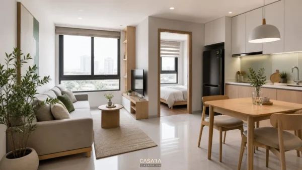 Thiết kế căn hộ 40m2 1 phòng ngủ với phòng khách liền bếp hiện đại
