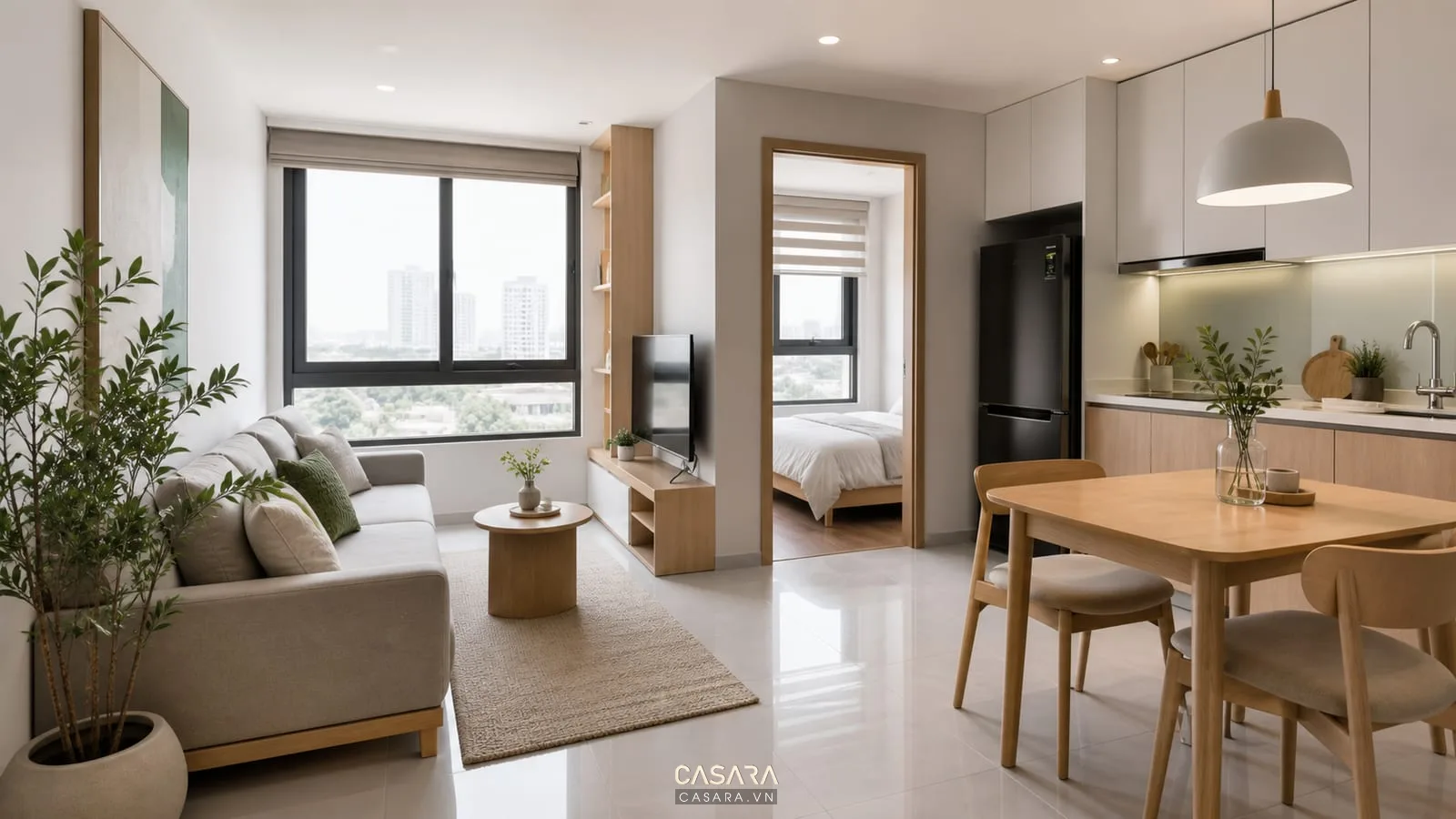 Thiết kế căn hộ 40m2 1 phòng ngủ với phòng khách liền bếp hiện đại
