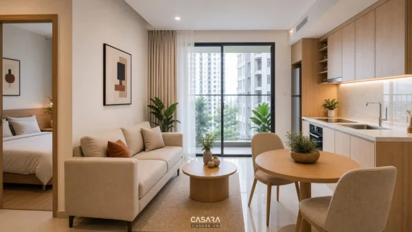 căn hộ 45m2 1 phòng ngủ có phòng khách liền bếp sofa nhỏ và tủ bếp gỗ sáng