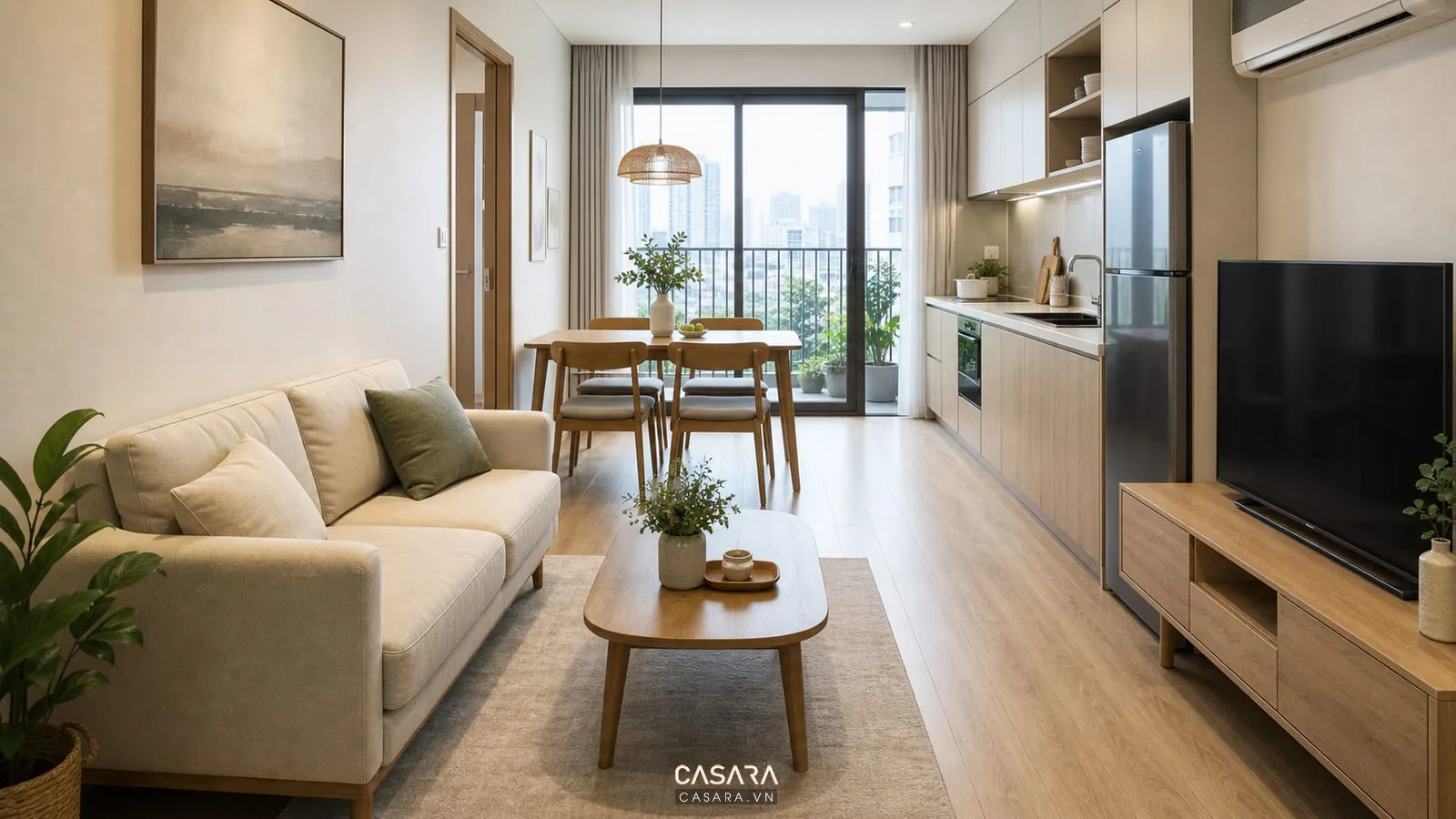 thiết kế căn hộ chung cư 50m2 với phòng khách bếp liên thông và bàn ăn gọn