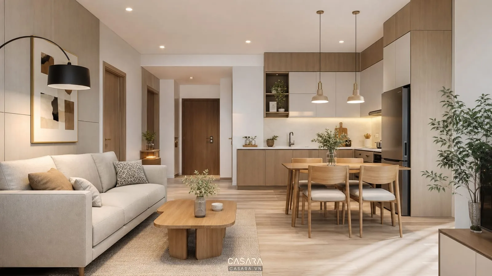 Căn hộ nhỏ 40m2 với nội thất gọn và bố trí phòng khách bếp liên thông