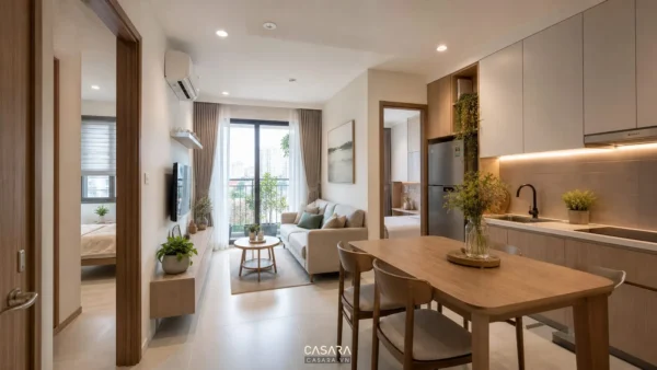 Thiết kế căn hộ 50m2 2 phòng ngủ với phòng khách liền bếp và lối đi thoáng