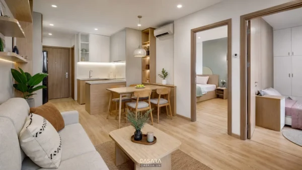 thiết kế căn hộ 55m2 2 phòng ngủ với phòng khách bếp và hai phòng ngủ