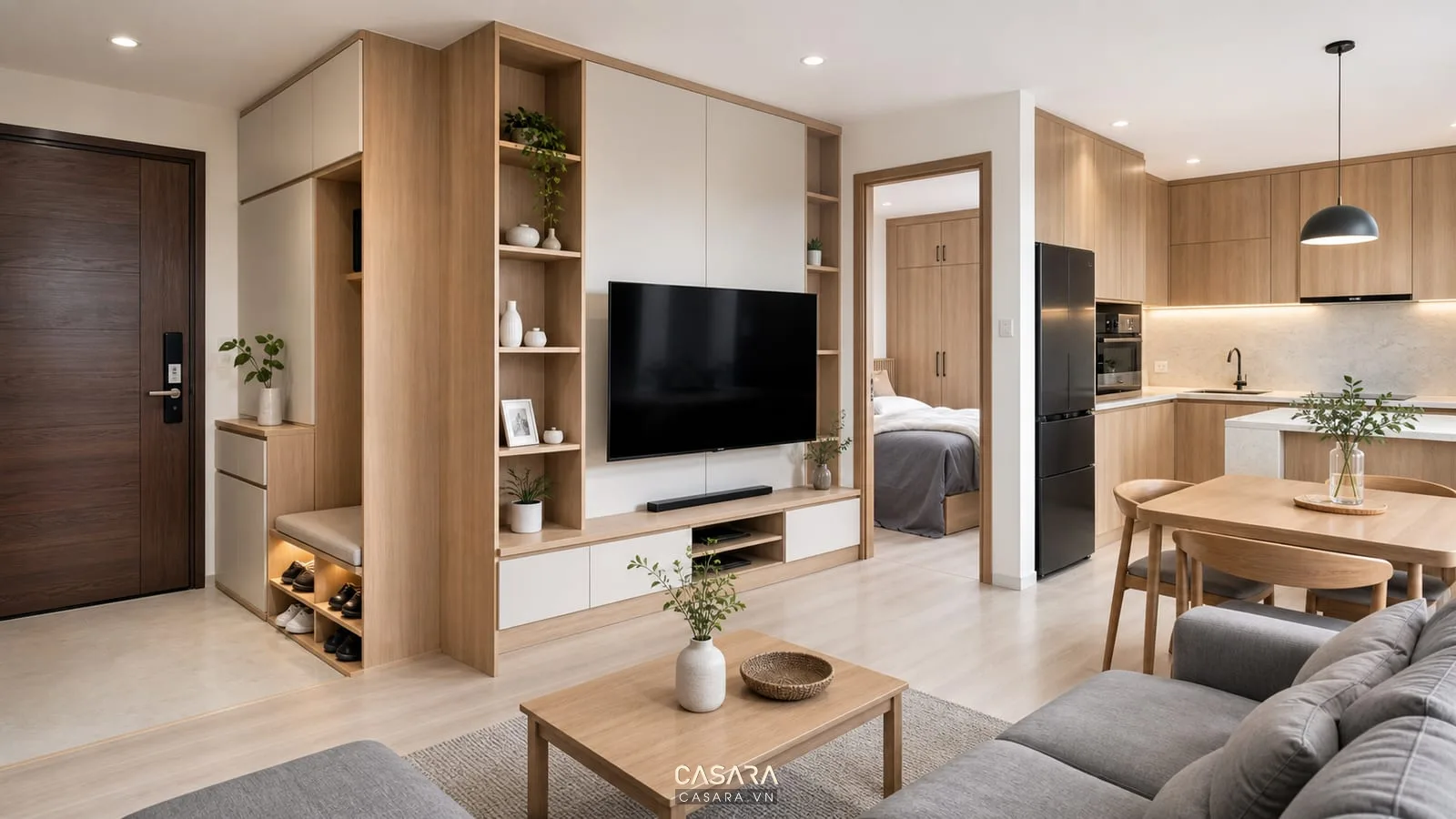 hệ tủ lưu trữ cho thiết kế căn hộ 55m2 2 phòng ngủ