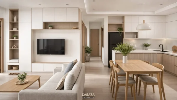 thiết kế căn hộ 70m2 3 phòng ngủ với phòng khách bếp liên thông hiện đại