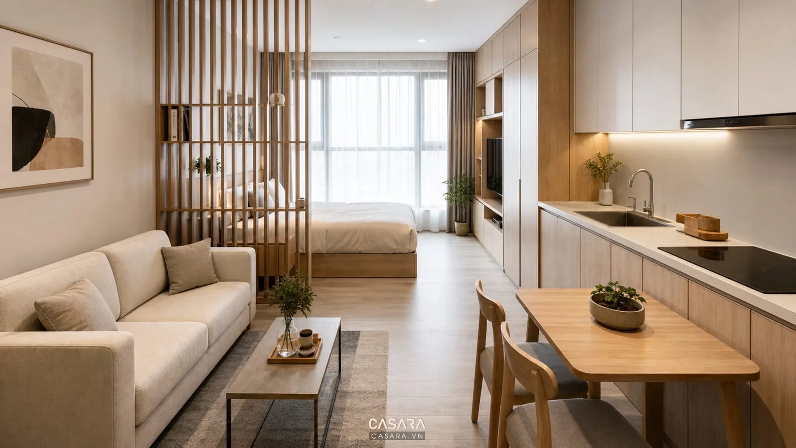 Thiết kế căn hộ chung cư 36m2 với giường bếp sofa và tủ lưu trữ gọn