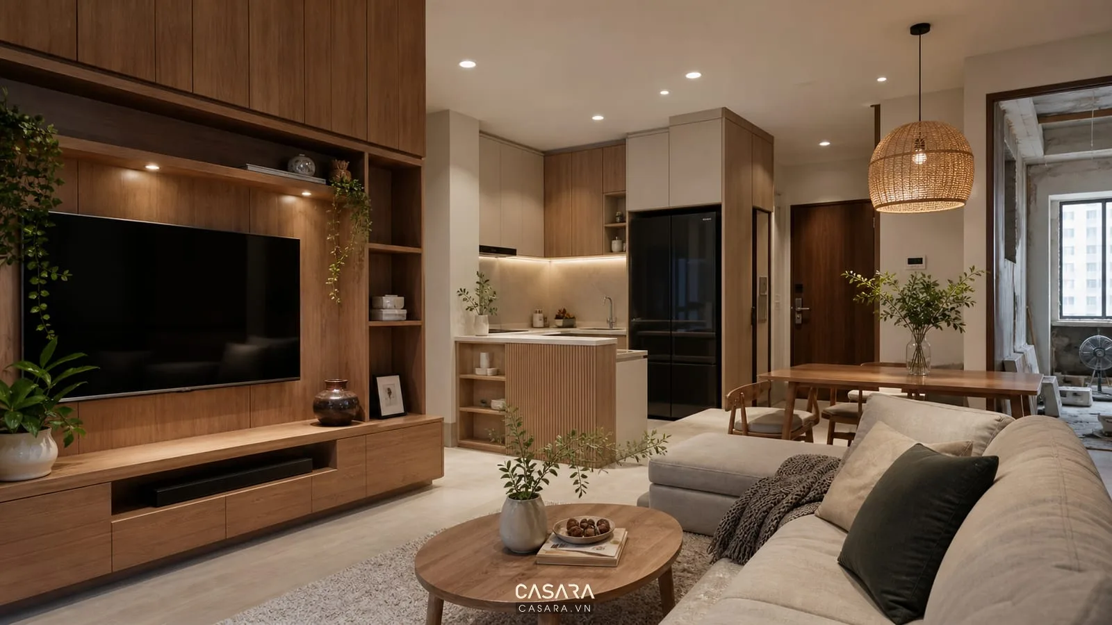 Thiết kế lại căn hộ chung cư với phòng khách bếp được cải tạo gọn và sáng hơn