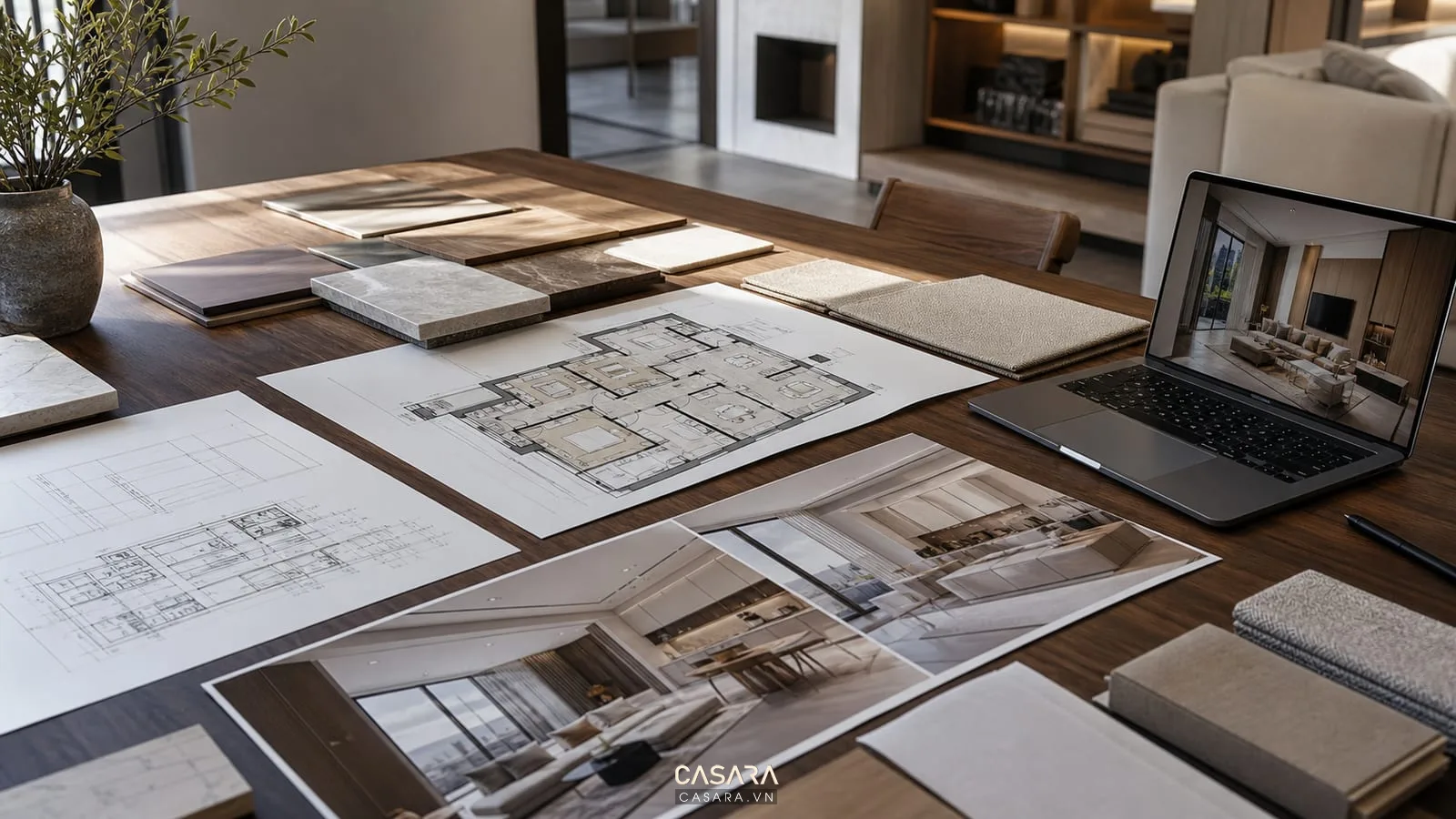 Hồ sơ thiết kế căn hộ chung cư với bản vẽ phối cảnh và mẫu vật liệu nội thất