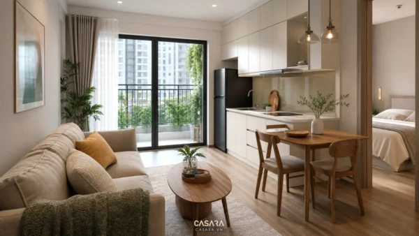 thiết kế căn hộ chung cư 1 phòng ngủ có phòng khách liền bếp hiện đại