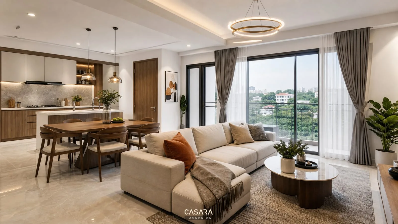 Thiết kế căn hộ Vinhomes hiện đại với phòng khách và bếp ăn liền mạch