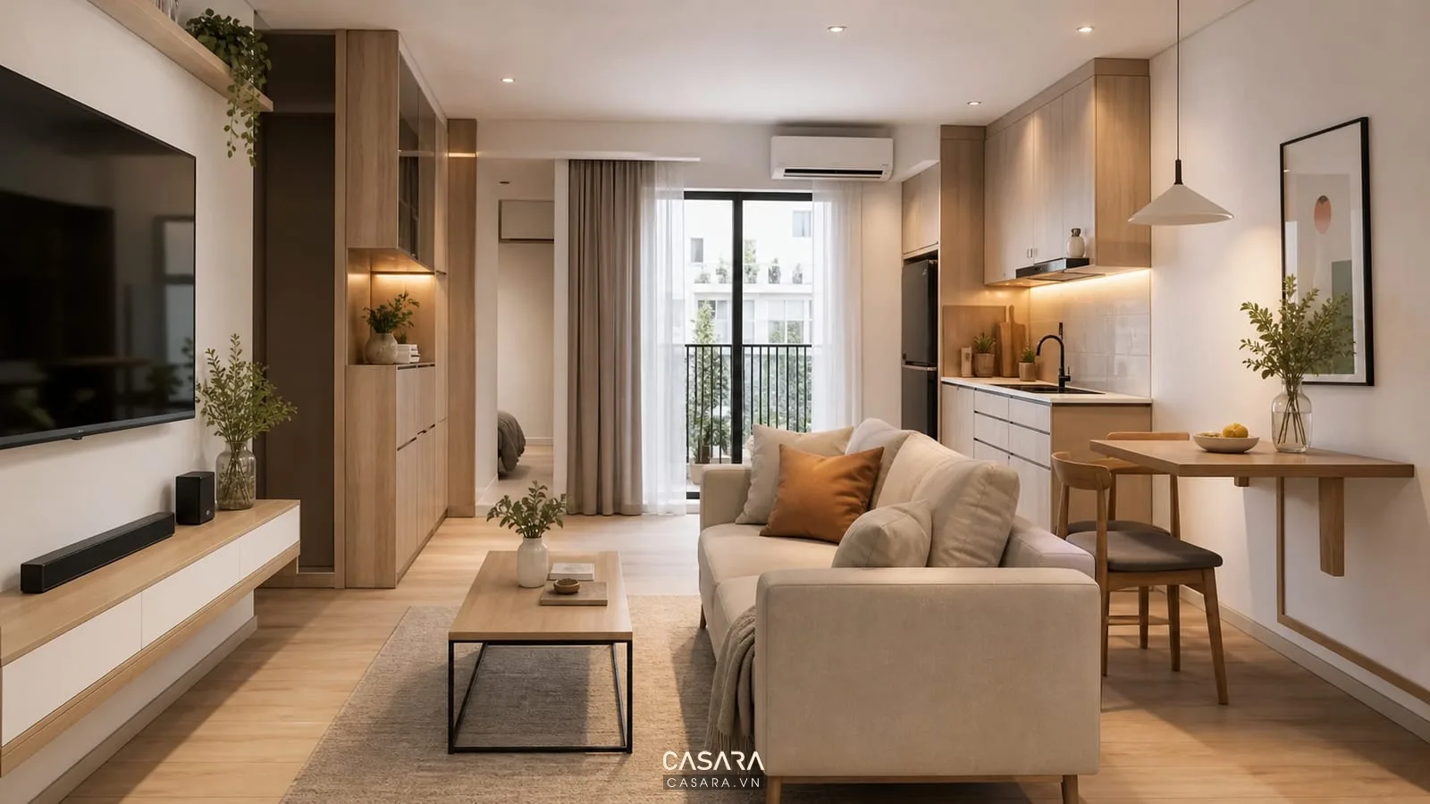 Phòng khách liền bếp trong căn hộ chung cư nhỏ với tủ bếp gỗ sáng