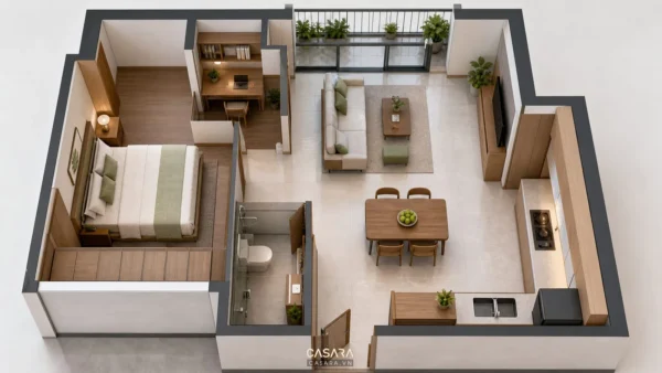 Mặt bằng 3D căn hộ 48m2 với phòng ngủ, phòng khách, bếp ăn và ban công