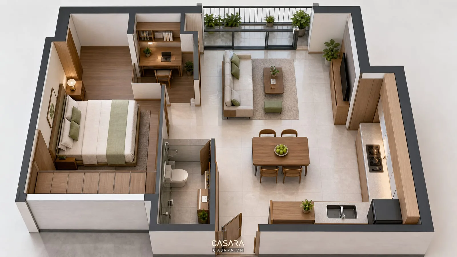 mặt bằng thiết kế căn hộ chung cư 48m2 tối ưu công năng