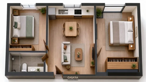 Mặt bằng thiết kế căn hộ chung cư 50m2 2 phòng ngủ có phòng khách bếp và hai phòng ngủ