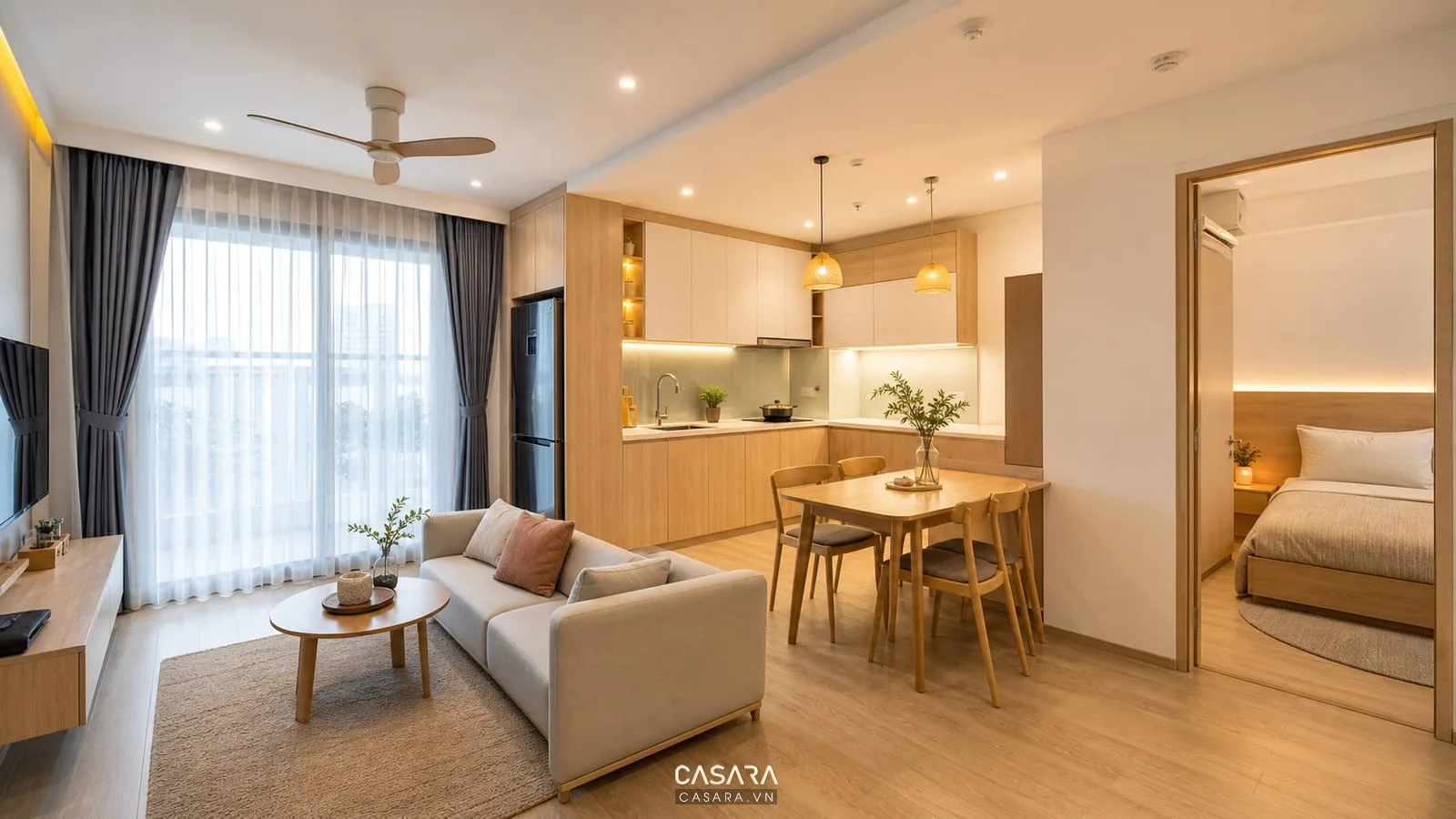 Căn hộ chung cư 50m2 2 phòng ngủ hoàn thiện với phòng khách bếp mở và tông gỗ sáng