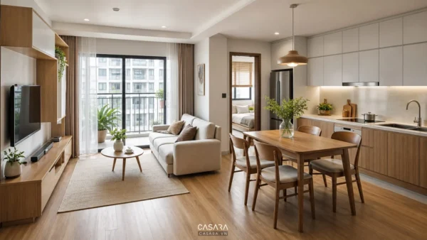 phòng khách bếp trong thiết kế căn hộ chung cư 60m2 2 phòng ngủ