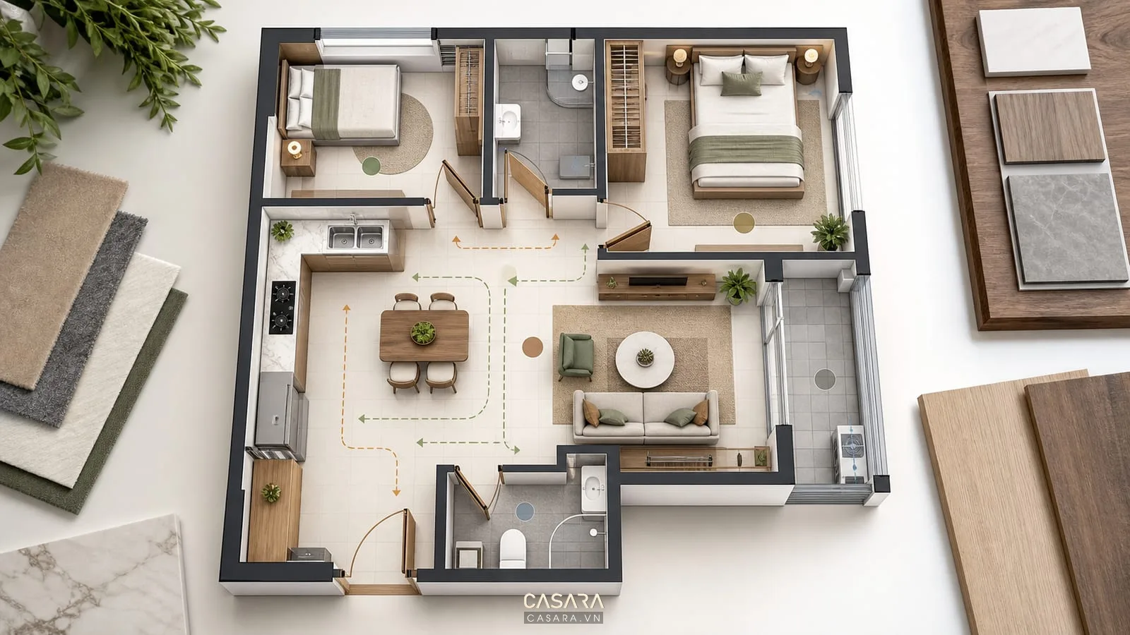 mặt bằng thiết kế căn hộ chung cư 60m2 2 phòng ngủ