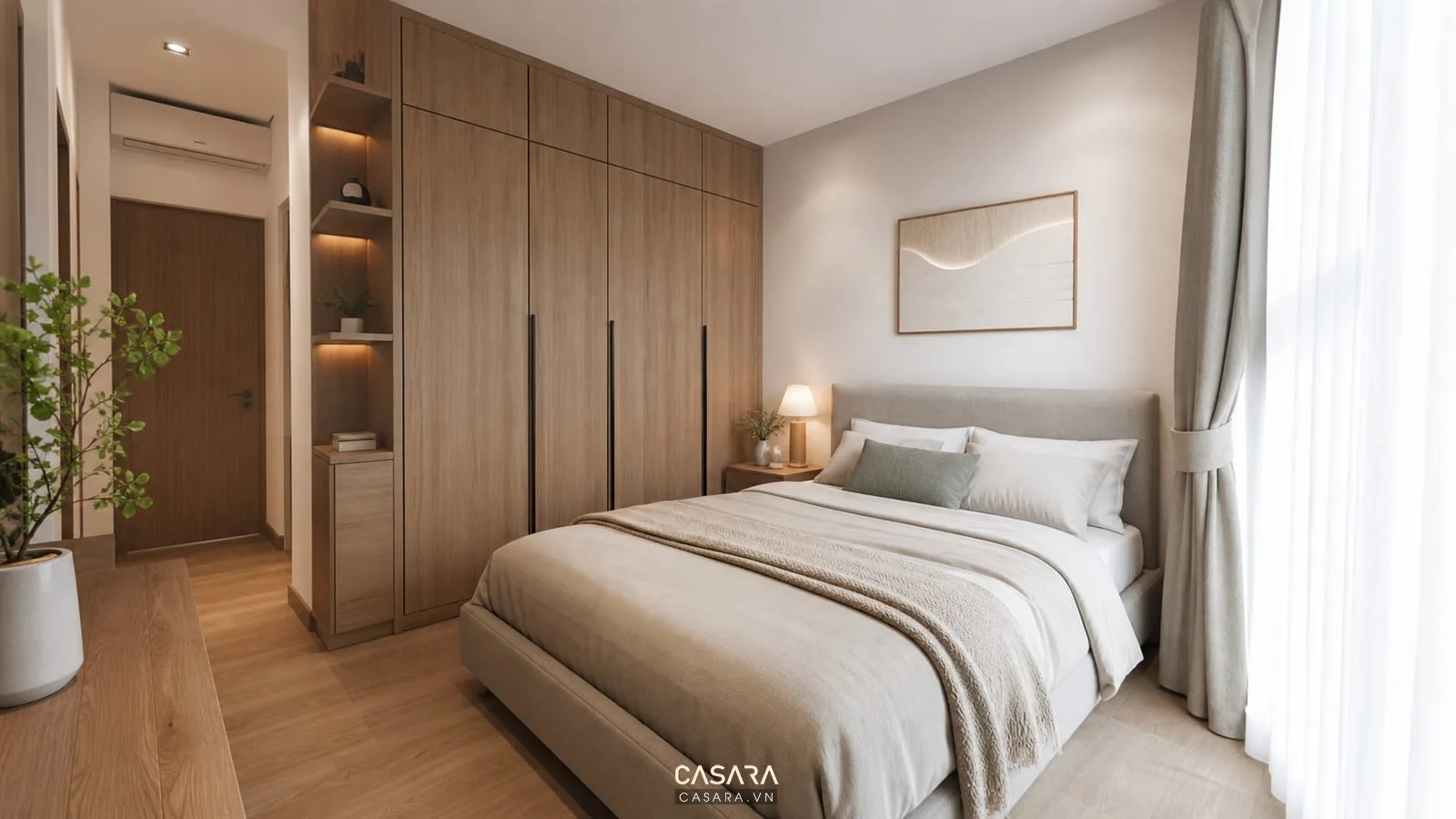 phòng ngủ chính trong căn hộ chung cư 60m2 2 phòng ngủ