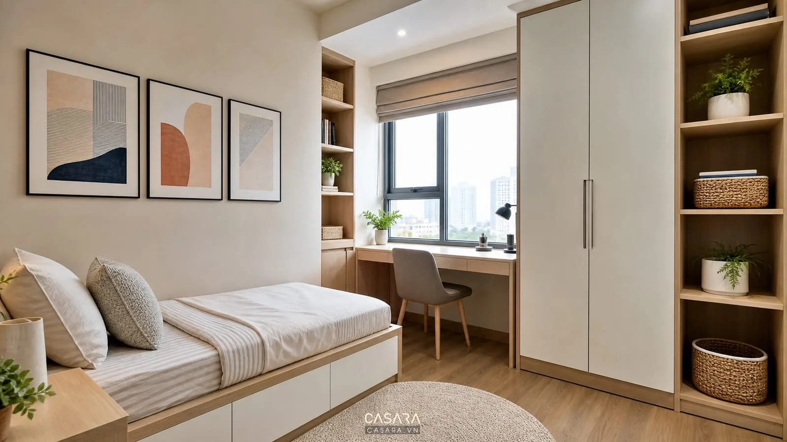 phòng ngủ nhỏ linh hoạt trong căn hộ chung cư 60m2 2 phòng ngủ