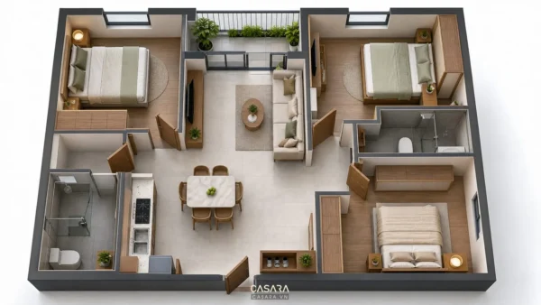 Bản vẽ 3D căn hộ 60m2 với ba phòng ngủ, phòng khách, bếp và ban công