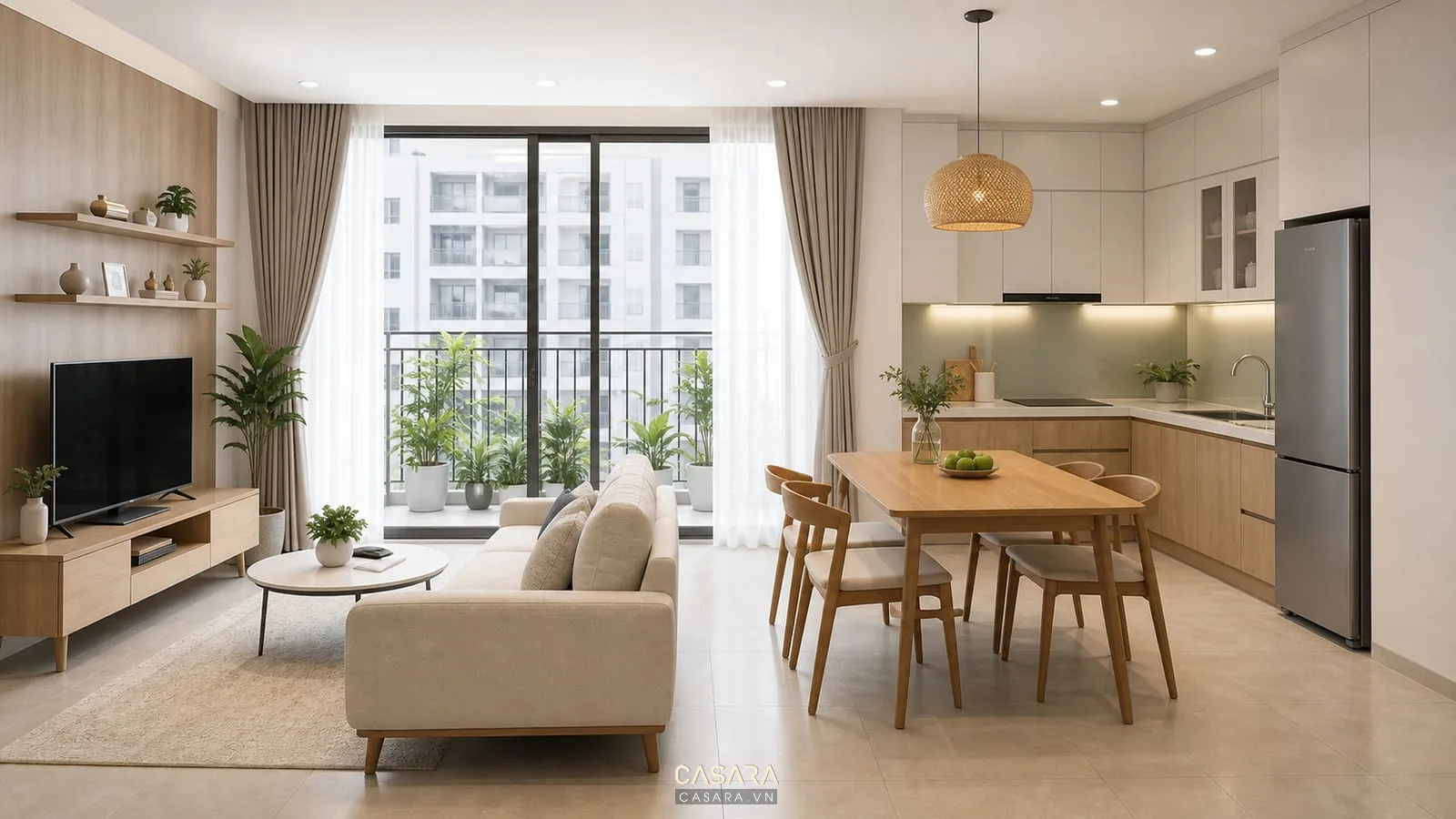 Phòng khách bếp mở trong căn hộ chung cư 60m2 3 phòng ngủ với sofa, bàn ăn và tủ bếp chữ L