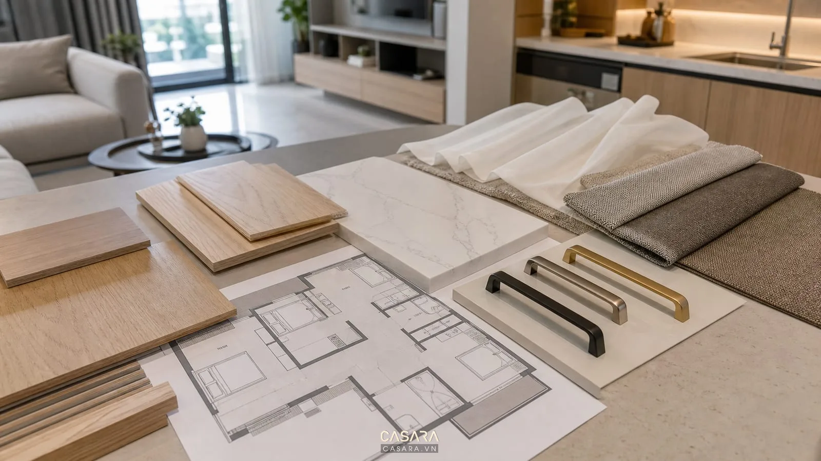 Bảng vật liệu thiết kế căn hộ chung cư 60m2 3 phòng ngủ gồm gỗ sáng, đá bếp, vải sofa và rèm