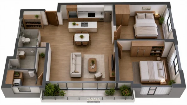 Mặt bằng thiết kế căn hộ chung cư 70m2 2 phòng ngủ với phòng khách bếp ăn và hai phòng ngủ