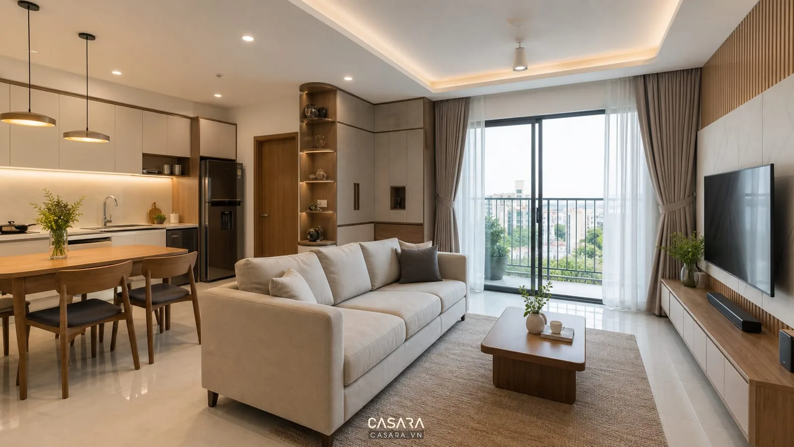 Phòng khách căn hộ chung cư 70m2 2 phòng ngủ liên thông bếp và ban công sáng