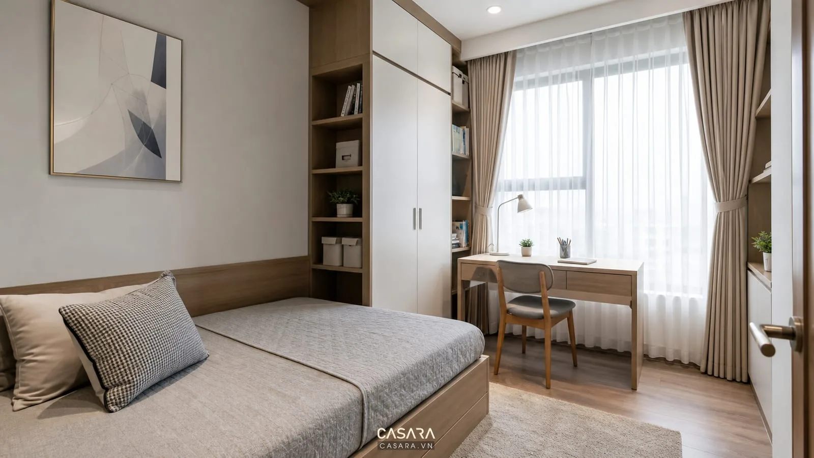 Phòng ngủ phụ căn hộ chung cư 70m2 2 phòng ngủ có bàn học gần cửa sổ và tủ gọn