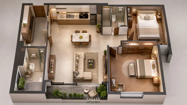 Mặt bằng căn hộ 80m2 gồm phòng khách, bếp ăn, hai phòng ngủ và hai phòng tắm