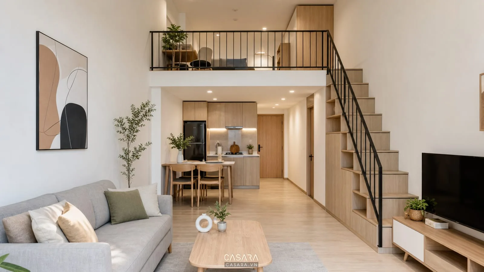 thiết kế căn hộ chung cư 50m2 có tầng lửng với bếp gọn và phòng khách nhỏ