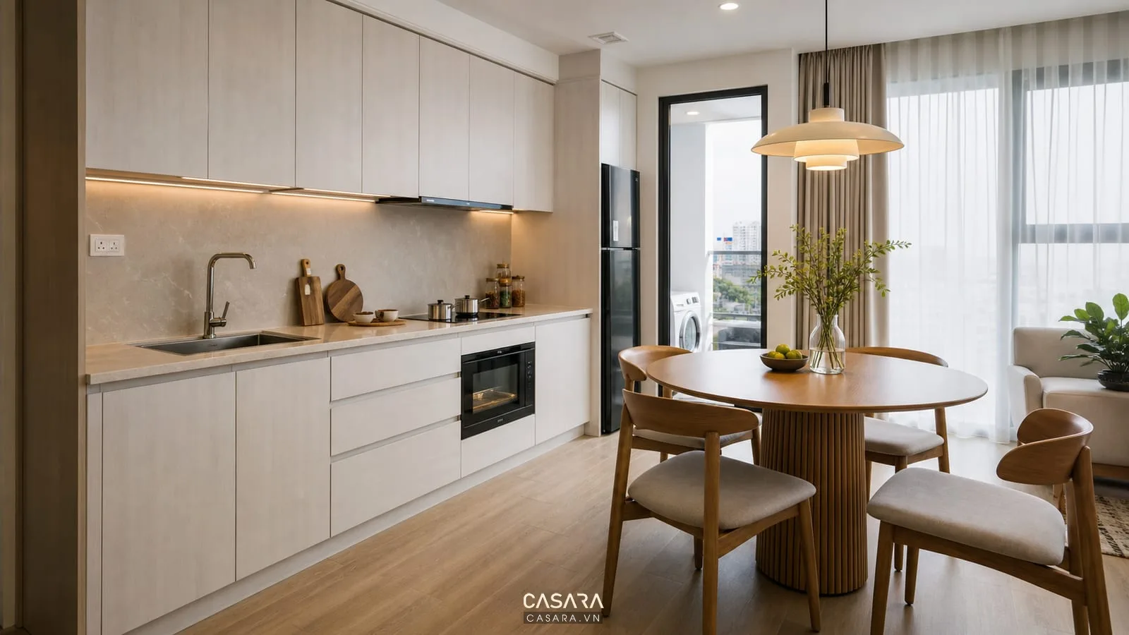 bếp và bàn ăn trong thiết kế căn hộ chung cư nhỏ 40m2