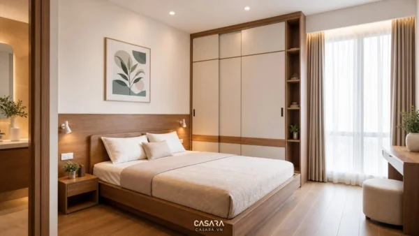 Phòng ngủ căn hộ nhỏ có giường gỗ, tủ áo kịch trần và bàn trang điểm cạnh cửa sổ