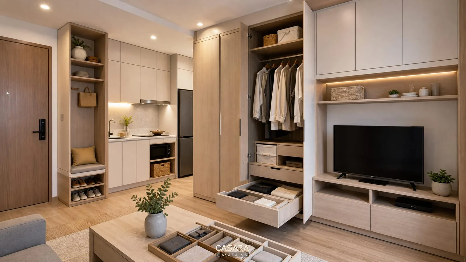 hệ lưu trữ trong căn hộ chung cư 40m2 với tủ giày tủ bếp tủ áo và kệ tivi