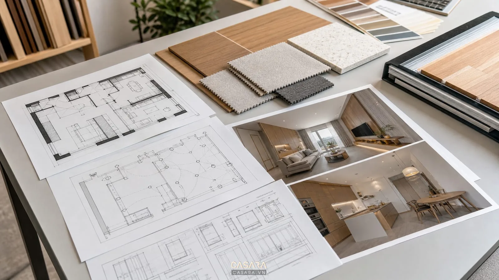 hồ sơ thiết kế căn hộ chung cư 40m2 với bản vẽ mặt bằng điện phối cảnh và mẫu vật liệu