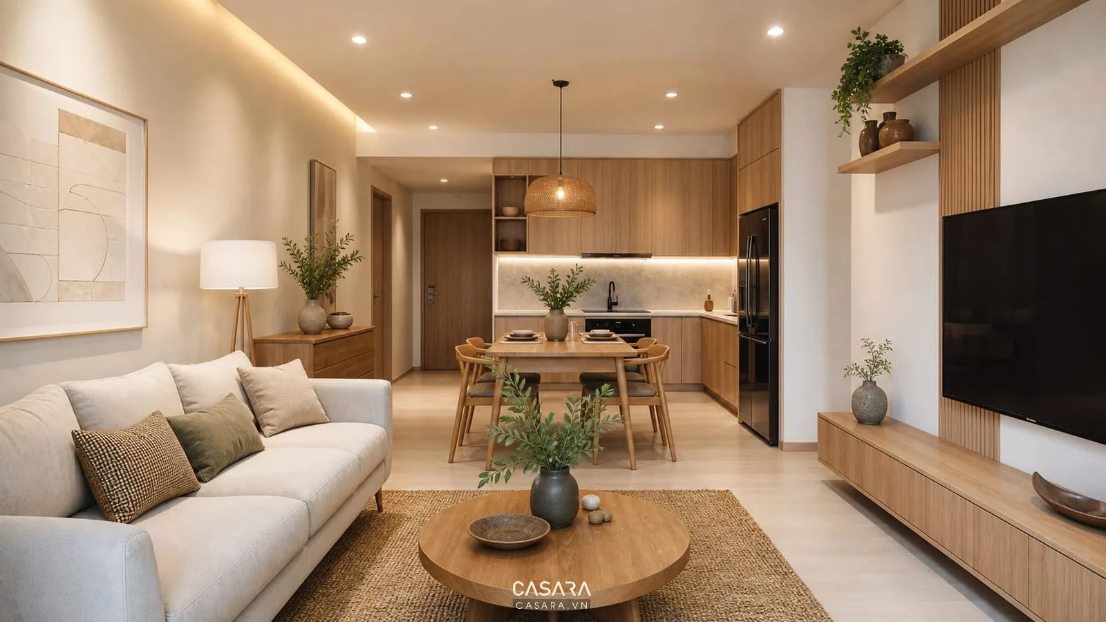 thiết kế căn hộ đẹp phòng khách bếp liên thông hiện đại ấm