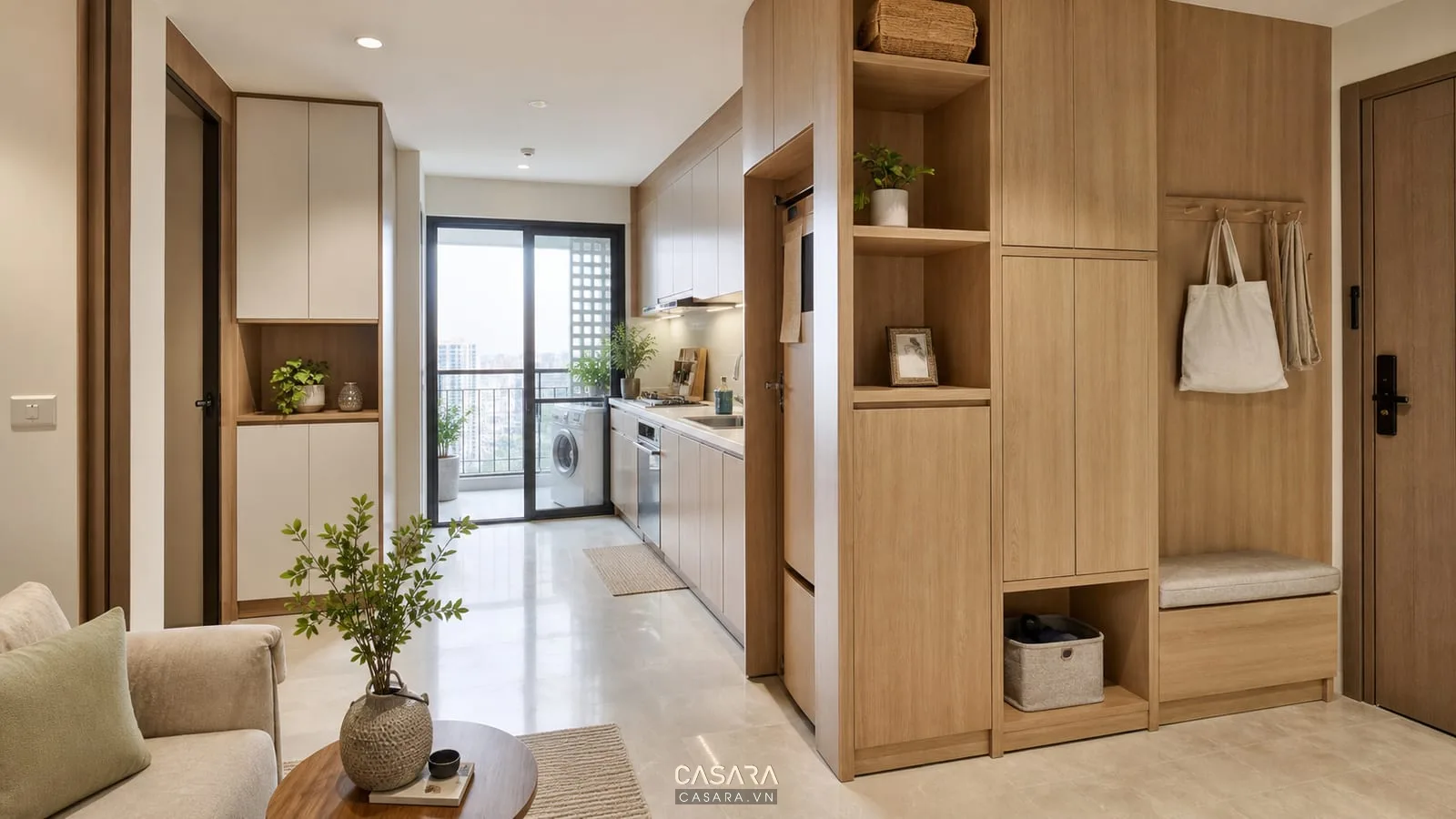 Thiết kế căn hộ chung cư 48m2 với lưu trữ kịch trần và ban công gọn