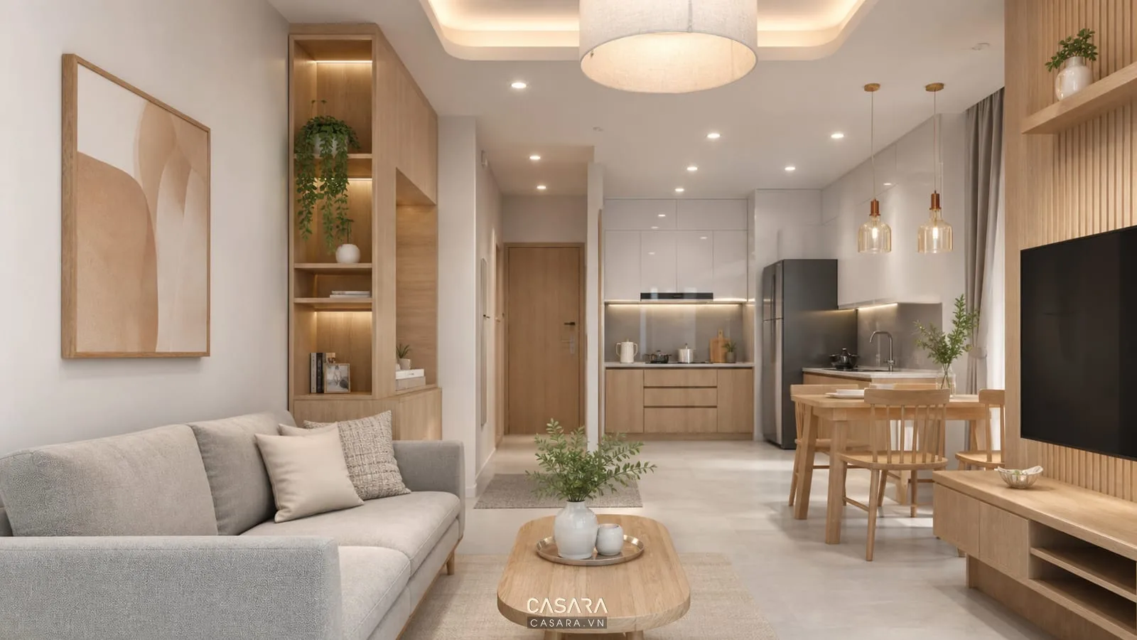 Nội thất căn hộ Ehome 3 hiện đại với gỗ sáng và ánh sáng ấm