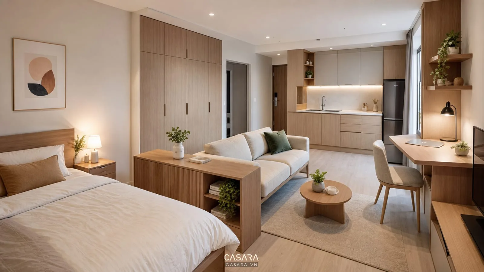 Căn hộ studio hiện đại có giường ngủ cạnh sofa nhỏ, bếp chữ I, tủ áo âm tường, bàn làm việc gọn và màu trắng gỗ sáng