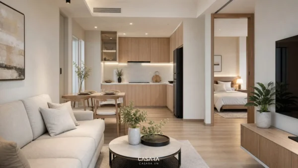 Phòng khách bếp mở có sofa sáng màu, bàn ăn gỗ và tủ bếp gỗ sáng