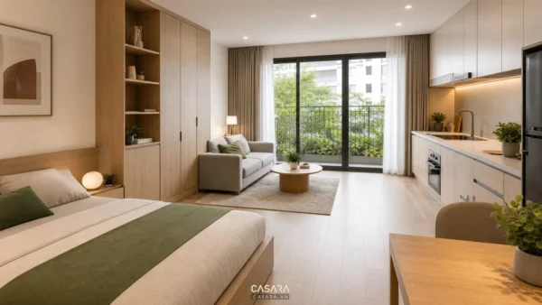 căn hộ studio hiện đại với giường ngủ thấp sofa nhỏ bếp thẳng tủ âm tường màu gỗ sáng và cửa kính lớn