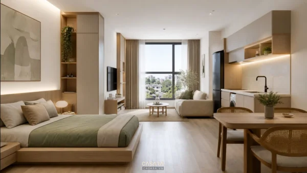 Thiết kế căn hộ studio 30m2 với giường ngủ sofa bếp nhỏ và cửa sổ lớn