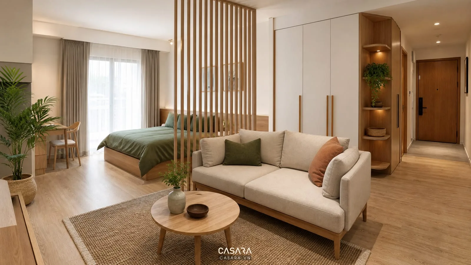 Thiết kế căn studio 30m2 với giường ngủ vách nan gỗ sofa nhỏ và bàn tròn
