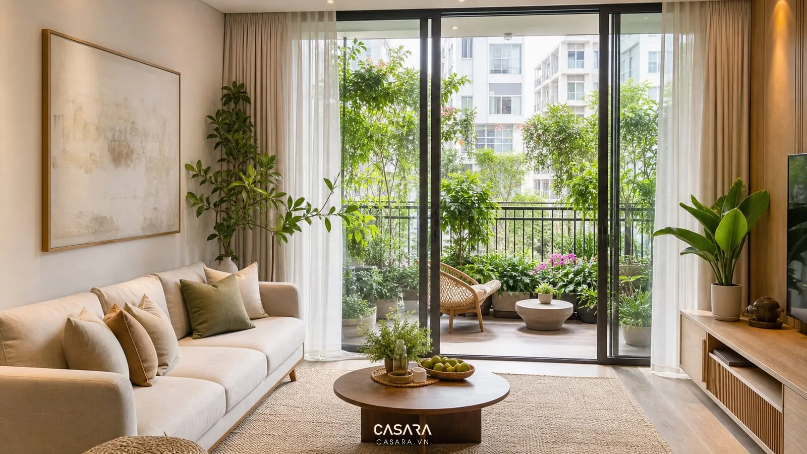 thiết kế cảnh quan chung cư kết nối phòng khách căn hộ với ban công cây xanh
